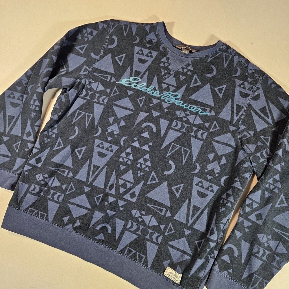 Vintage‎ Style Eddie Bauer Sweatshirt Men L Navy Blue Aztec Geometric Teal Logo